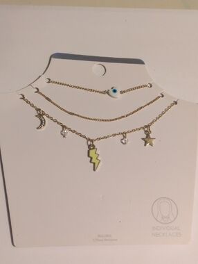 Gold-Tone Layered Necklace Set with Yellow Lightning Charm and Heart Blue Eye